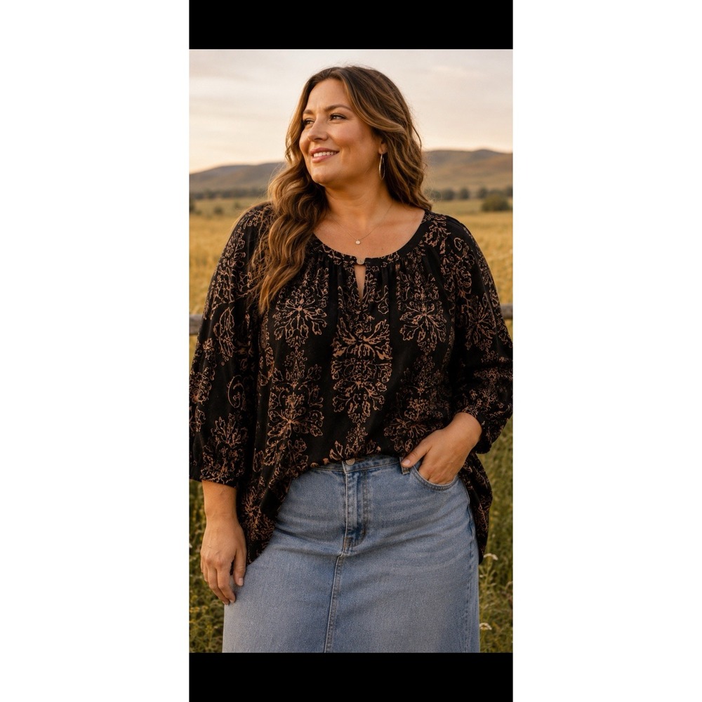 Lucky Brand Shirt Women's 2X Brown  Keyhole Floral Prairie Boho Peasant Relaxed